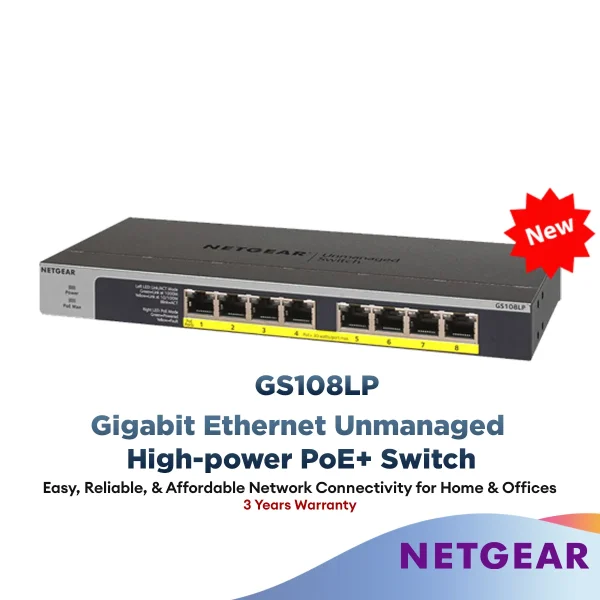 Netgear GS108LP 8-Port Gigabit PoE Unmanaged Rackmount Switch (PoE Budget 60W)